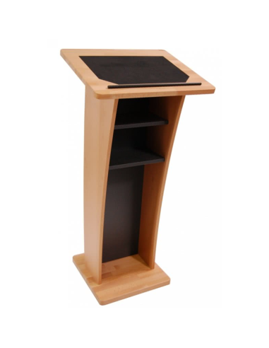 Pupitre de conférence en bois de haute qualité, avec étagères intégrées.